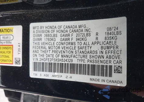 2025 Honda Civic Sport from USA, damaged, VIN 2HGFE2F5XSH524329